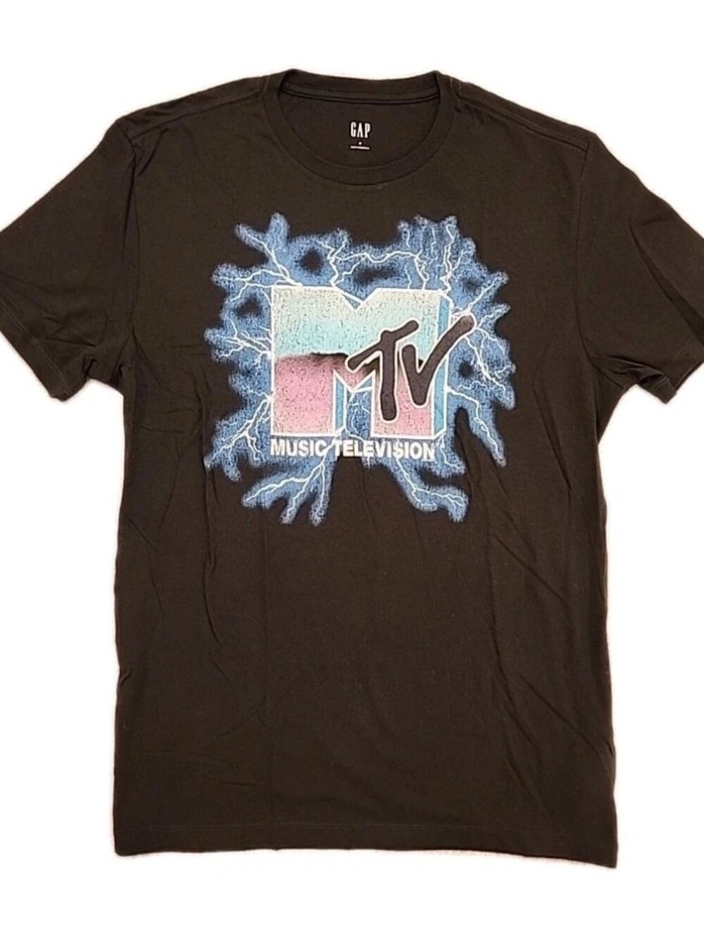 New MTV Lightning Strike Logo Mens Medium Music Television Black Cotton T-Shirt